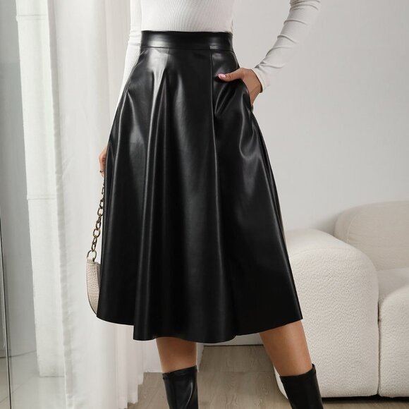 Black Preppy Womens High Waist Slant Pocket PU Skirt - Picture 1 of 5
